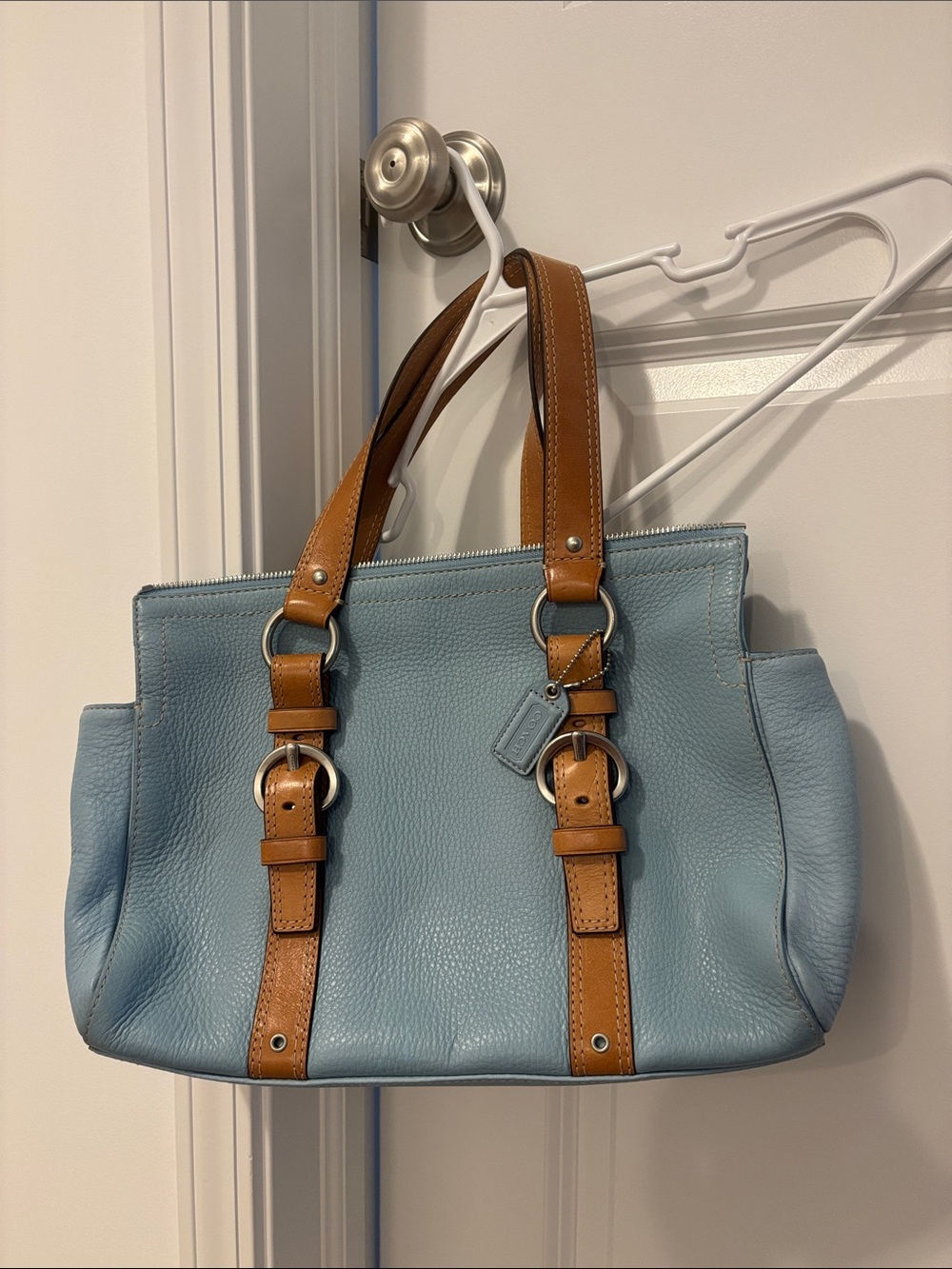 Coach Light Blue Leather Shoulder Bag with Brown Straps